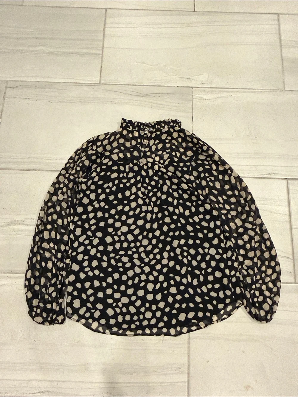 LOFT Black Blouse with Cream Spot Print and Ruffle Neck 2 Layers